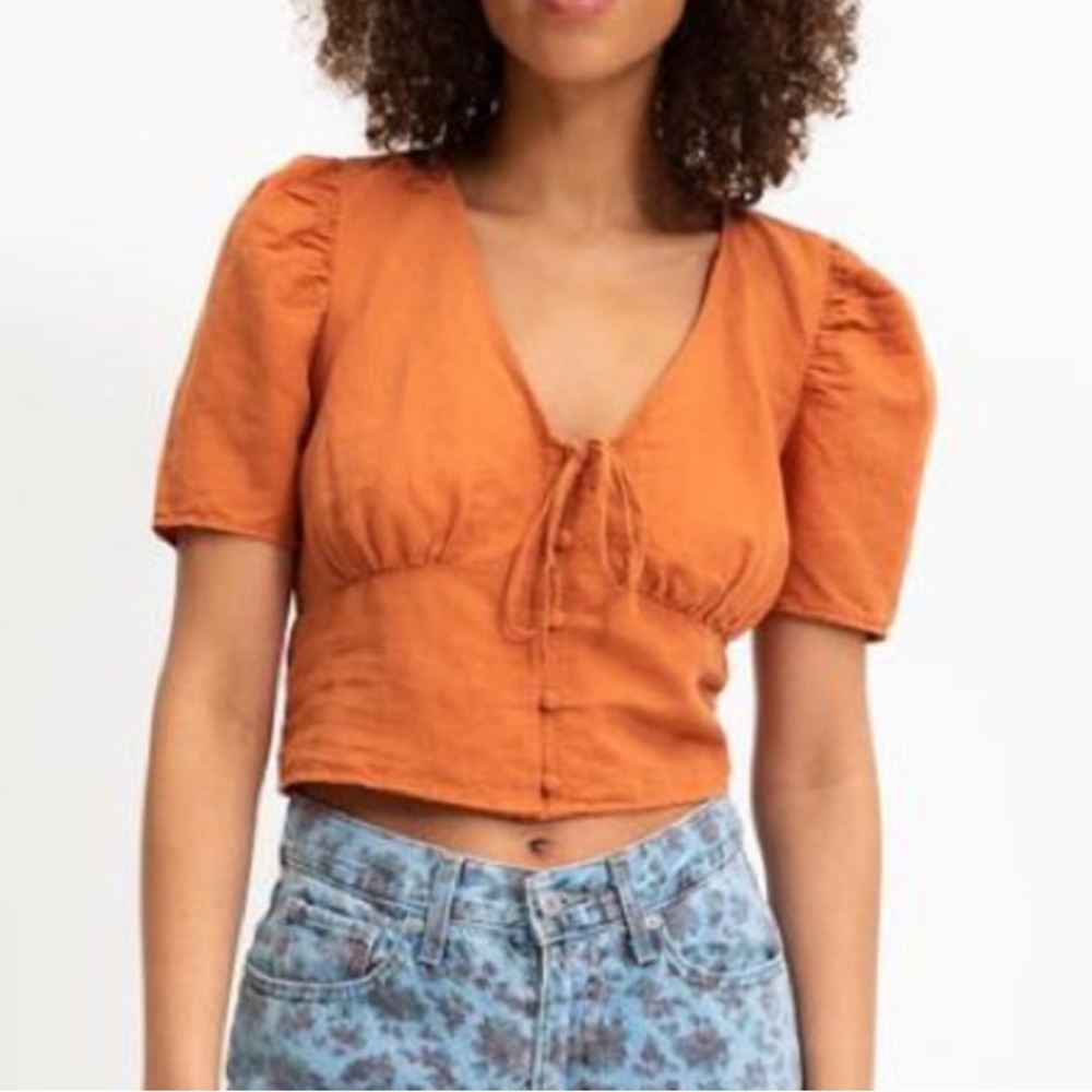 Levi’s Linen Blend Top Size XL Women’s Boho Puff Sleeve Cropped Luisa Blouse